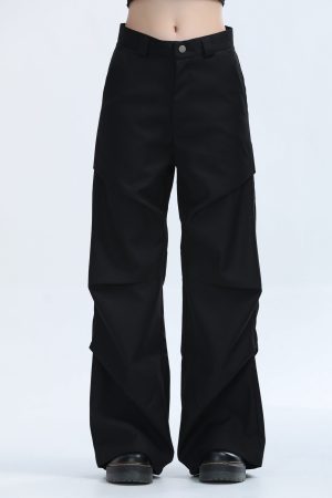 American Retro Pleated Black Casual Pants for Women - Niche Loose Straight Wide-Leg Design, Vintage Style, Comfortable Fit