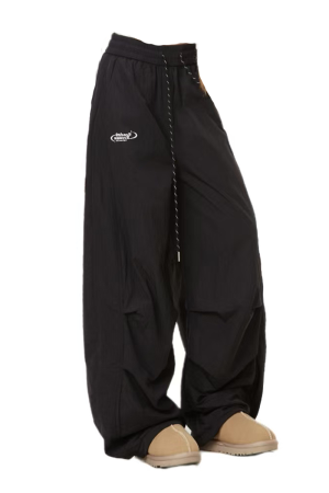 American Retro Pleated Cargo Pants for Men and Women - Loose Wide-Leg Parachute Pants with Elastic Waist and Drawstring, Trendy Sports Dance Style