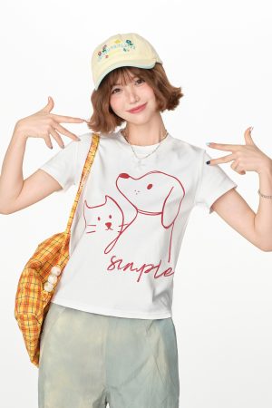 American Retro Printed Basic Round Neck Short Sleeve T-Shirt for Women - Casual Slim Fit Summer Top, Y2K Inspired Fashion