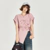 American Retro Printed Drop Shoulder Short Sleeve T-Shirt for Women - Casual Loose Fit with Side Slit - Summer 90s Style