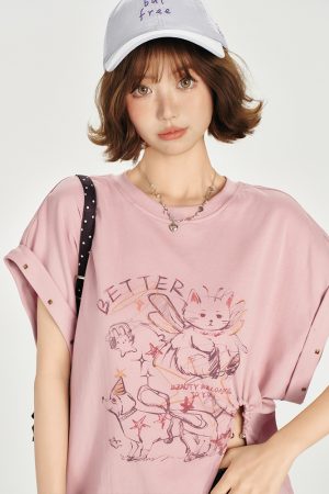 American Retro Printed Drop Shoulder Short Sleeve T-Shirt for Women - Casual Loose Fit with Side Slit - Summer 90s Style