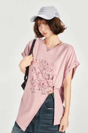 American Retro Printed Drop Shoulder Short Sleeve T-Shirt for Women - Casual Loose Fit with Side Slit - Summer 90s Style