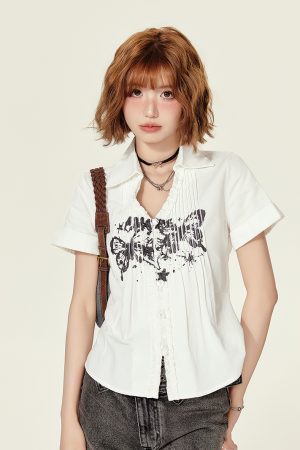 American Retro Printed Short-Sleeve Blouse for Women - Summer Ruffled V-Neck Top, Slimming Fit, Vintage Style