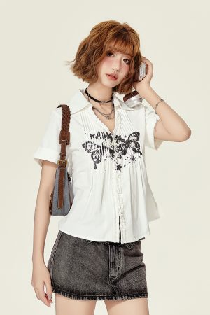 American Retro Printed Short-Sleeve Blouse for Women - Summer Ruffled V-Neck Top, Slimming Fit, Vintage Style