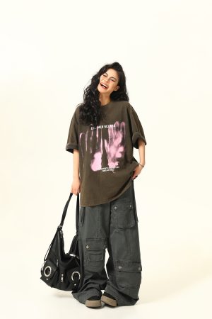 American Retro Printed Washed Short-Sleeve T-Shirt for Men and Women - Trendy Couple Top in Y2K Style