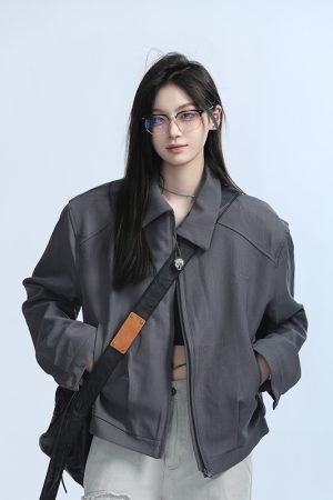 American Retro Punk Style Women's Zip-Up Short Jacket with Unique Design and Loose Fit