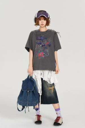 American Retro Round Neck Short Sleeve T-Shirt for Women - Summer Tie Design Loose Slimming Top - Y2K Chic