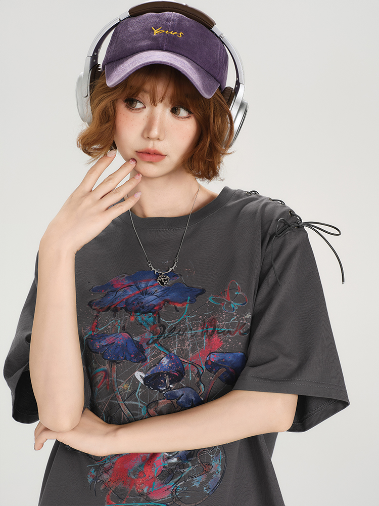 American Retro Round Neck Short Sleeve T-Shirt for Women - Summer Tie Design Loose Slimming Top - Y2K Chic American Retro Round Neck Short Sleeve T-Shirt for Women - Summer Tie Design Loose Slimming Top - Y2K Chic