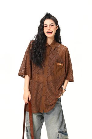 American Retro Short Sleeve Shirt Jacket for Women - Summer Loose Casual Top with Unique Design