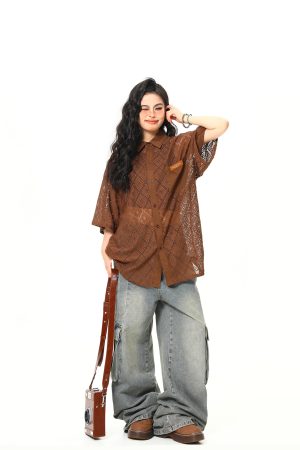 American Retro Short Sleeve Shirt Jacket for Women - Summer Loose Casual Top with Unique Design