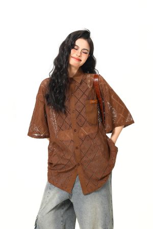 American Retro Short Sleeve Shirt Jacket for Women - Summer Loose Casual Top with Unique Design