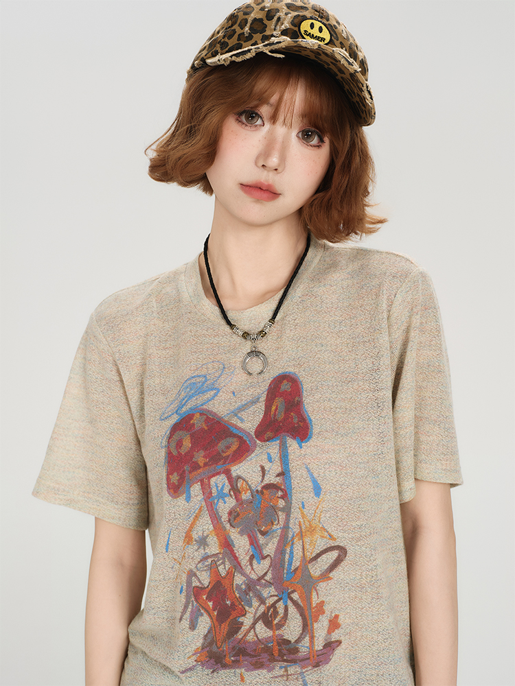 American Retro Short Sleeve T-Shirt for Women - Summer Casual Round Neck Top, Printed Loose-Fitting Slimming Style American Retro Short Sleeve T-Shirt for Women - Summer Casual Round Neck Top, Printed Loose-Fitting Slimming Style