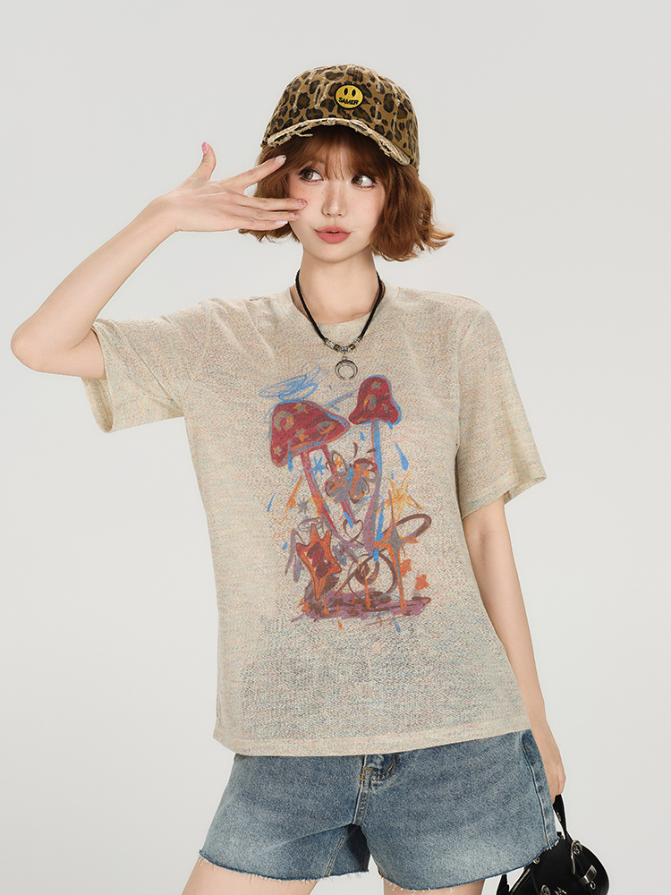 American Retro Short Sleeve T-Shirt for Women - Summer Casual Round Neck Top, Printed Loose-Fitting Slimming Style American Retro Short Sleeve T-Shirt for Women - Summer Casual Round Neck Top, Printed Loose-Fitting Slimming Style