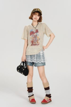 American Retro Short Sleeve T-Shirt for Women - Summer Casual Round Neck Top, Printed Loose-Fitting Slimming Style