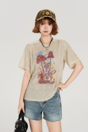 American Retro Short Sleeve T-Shirt for Women - Summer Casual Round Neck Top, Printed Loose-Fitting Slimming Style