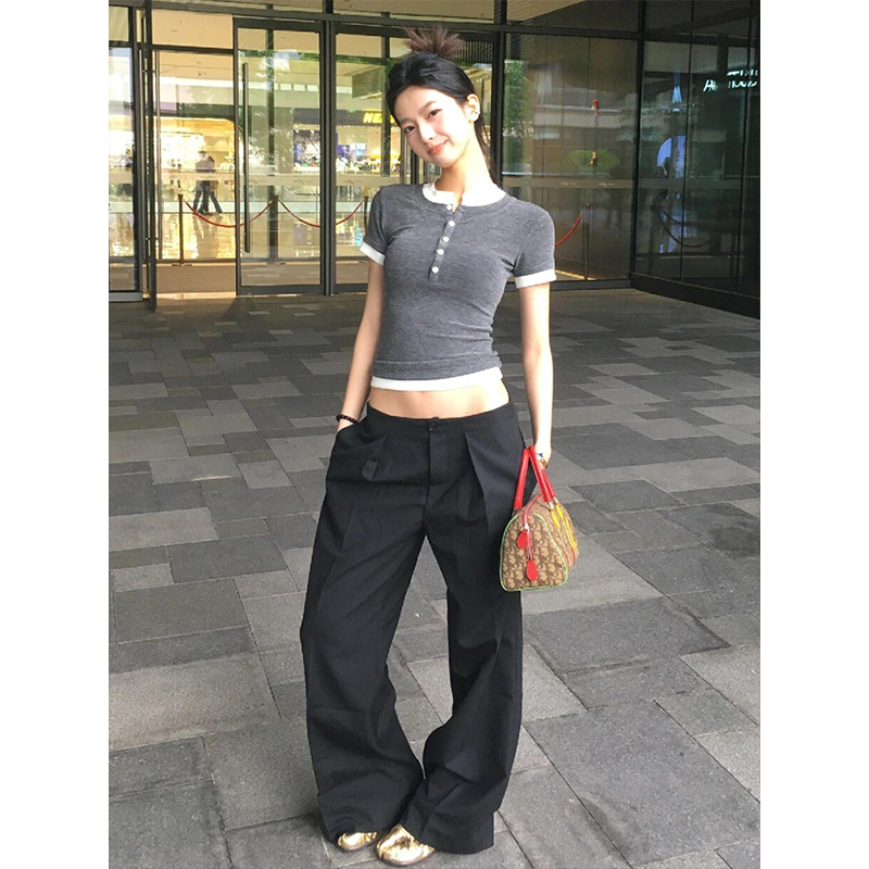 American Retro Short Sleeve Women's Summer Color-Blocking Slim Fit T-Shirt - Vintage Gray ABG Style Top American Retro Short Sleeve Women's Summer Color-Blocking Slim Fit T-Shirt - Vintage Gray ABG Style Top