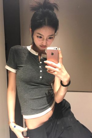 American Retro Short Sleeve Women's Summer Color-Blocking Slim Fit T-Shirt - Vintage Gray ABG Style Top