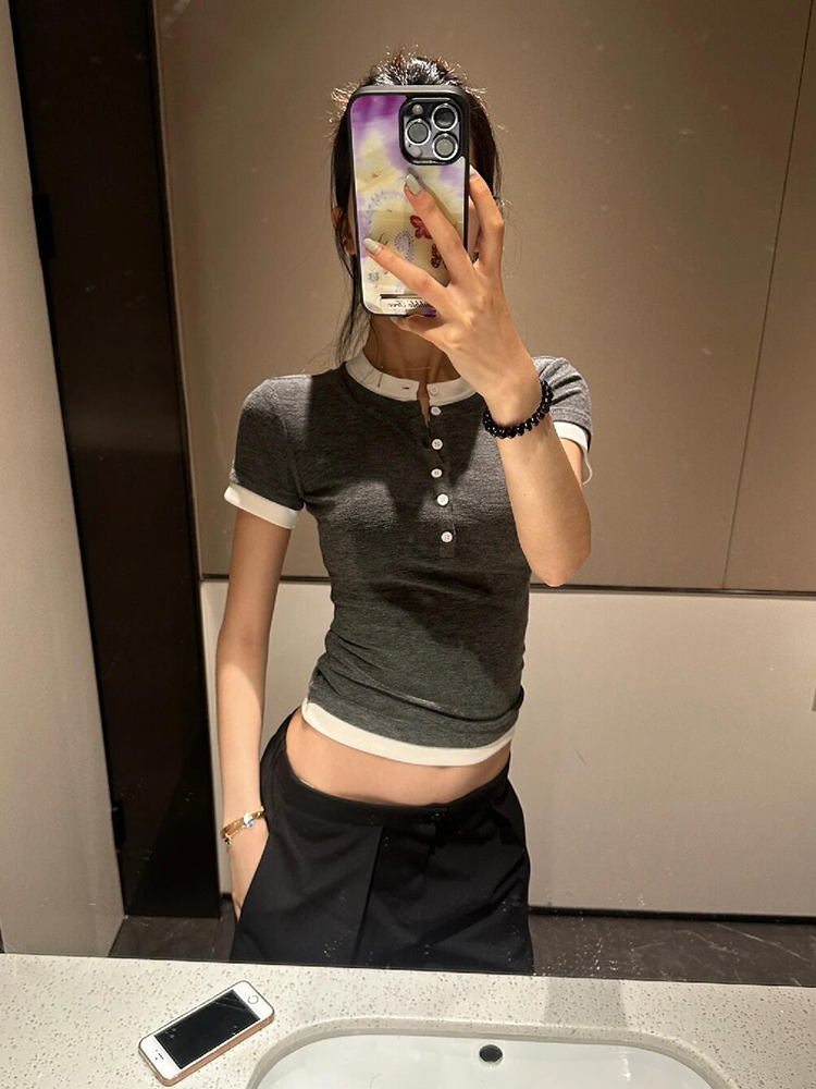 American Retro Short Sleeve Women's Summer Color-Blocking Slim Fit T-Shirt - Vintage Gray ABG Style Top American Retro Short Sleeve Women's Summer Color-Blocking Slim Fit T-Shirt - Vintage Gray ABG Style Top