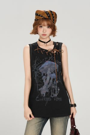 American Retro Sleeveless T-Shirt for Women - Summer Tie Design, Loose Slimming Tank Top, Y2K Fashion Style