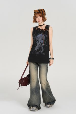 American Retro Sleeveless T-Shirt for Women - Summer Tie Design, Loose Slimming Tank Top, Y2K Fashion Style