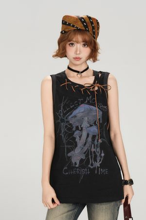 American Retro Sleeveless T-Shirt for Women - Summer Tie Design, Loose Slimming Tank Top, Y2K Fashion Style