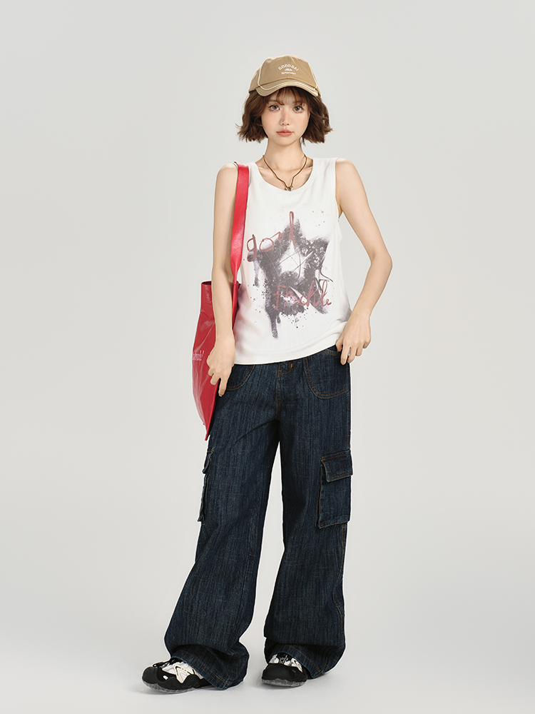 American Retro Sleeveless Tank Top for Women - Summer Casual Printed T-Shirt, Loose Fit Slimming Style American Retro Sleeveless Tank Top for Women - Summer Casual Printed T-Shirt, Loose Fit Slimming Style