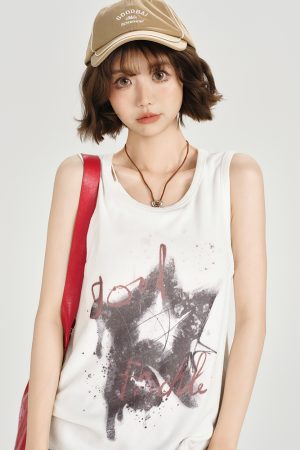 American Retro Sleeveless Tank Top for Women - Summer Casual Printed T-Shirt, Loose Fit Slimming Style