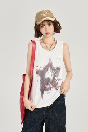American Retro Sleeveless Tank Top for Women - Summer Casual Printed T-Shirt, Loose Fit Slimming Style