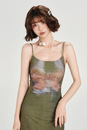 American Retro Spicy Girl Mesh Strap Dress - Women's Summer Slim Fit Ink Dyed Dress for Y2K and 90s Inspired Fashion