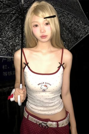 American Retro Spicy Girl Summer Hello Kitty Color-Blocking Slim-Fit Tank Top - Trendy 90s Y2K Style for Fashion Lovers