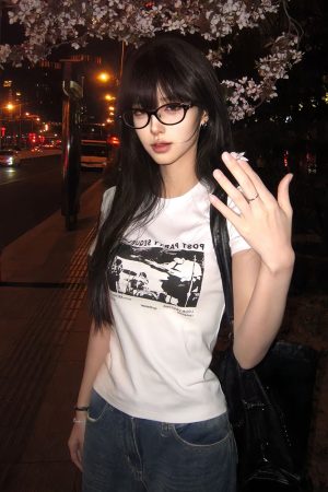 American Retro Spicy Girl T-Shirt for Women, Summer Band Print, Round Neck, Short Sleeve, Slim Fit, Trendy 90s Style Top