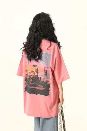 American Retro Street Scenery Printed Short-Sleeve T-Shirt for Men and Women - Loose Versatile Summer Couple Top