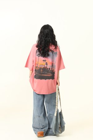 American Retro Street Scenery Printed Short-Sleeve T-Shirt for Men and Women - Loose Versatile Summer Couple Top