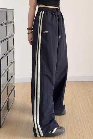 American Retro Striped Loose Work Pants for Women, High Street Casual Straight-Leg Cargo Trousers