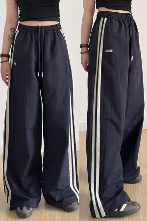 American Retro Striped Loose Work Pants for Women, High Street Casual Straight-Leg Cargo Trousers
