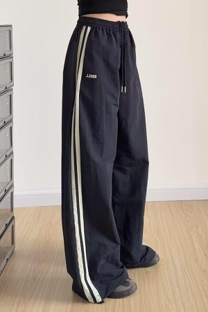 American Retro Striped Loose Work Pants for Women, High Street Casual Straight-Leg Cargo Trousers