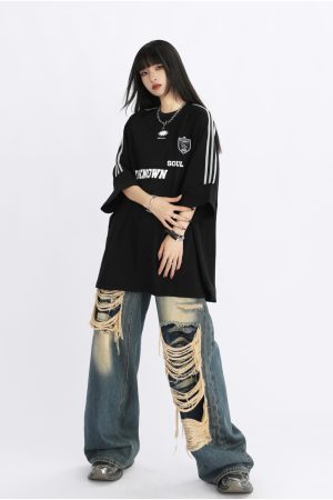 American Retro Striped Oversized Short-Sleeve T-Shirt for Women - Summer Trendy Couple Top, 90s Style, Casual Streetwear