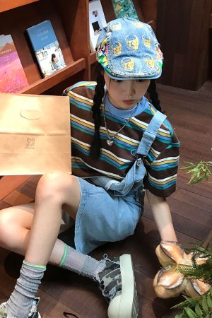 American Retro Striped Short Sleeve Casual Color-Blocking T-Shirt for Women - Summer Loose Fit College Style Top