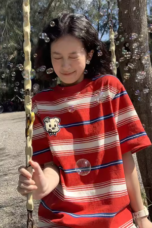 American Retro Striped Short Sleeve Casual Color-Blocking T-Shirt for Women - Summer Loose Fit College Style Top