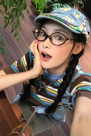 American Retro Striped Short Sleeve Casual Color-Blocking T-Shirt for Women - Summer Loose Fit College Style Top