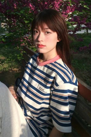 American Retro Striped Short Sleeve Casual Color-Blocking T-Shirt for Women - Summer Loose Fit College Style Top