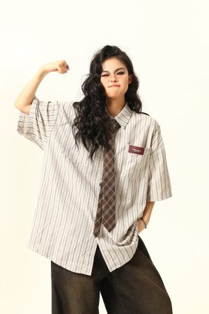 American Retro Striped Short Sleeve Shirt for Women - Versatile Loose Fit Summer Fashion Trend