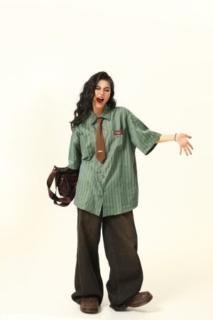 American Retro Striped Short Sleeve Shirt for Women - Versatile Loose Fit Summer Fashion Trend