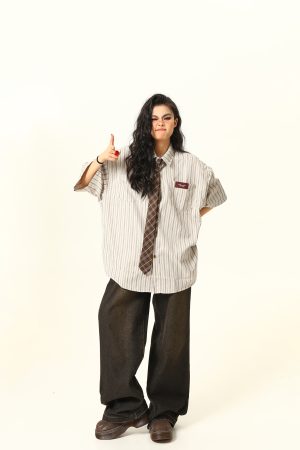 American Retro Striped Short Sleeve Shirt for Women - Versatile Loose Fit Summer Fashion Trend