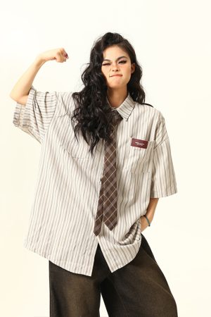 American Retro Striped Short Sleeve Shirt for Women - Versatile Loose Fit Summer Fashion Trend