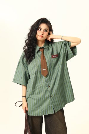 American Retro Striped Short Sleeve Shirt for Women - Versatile Loose Fit Summer Fashion Trend