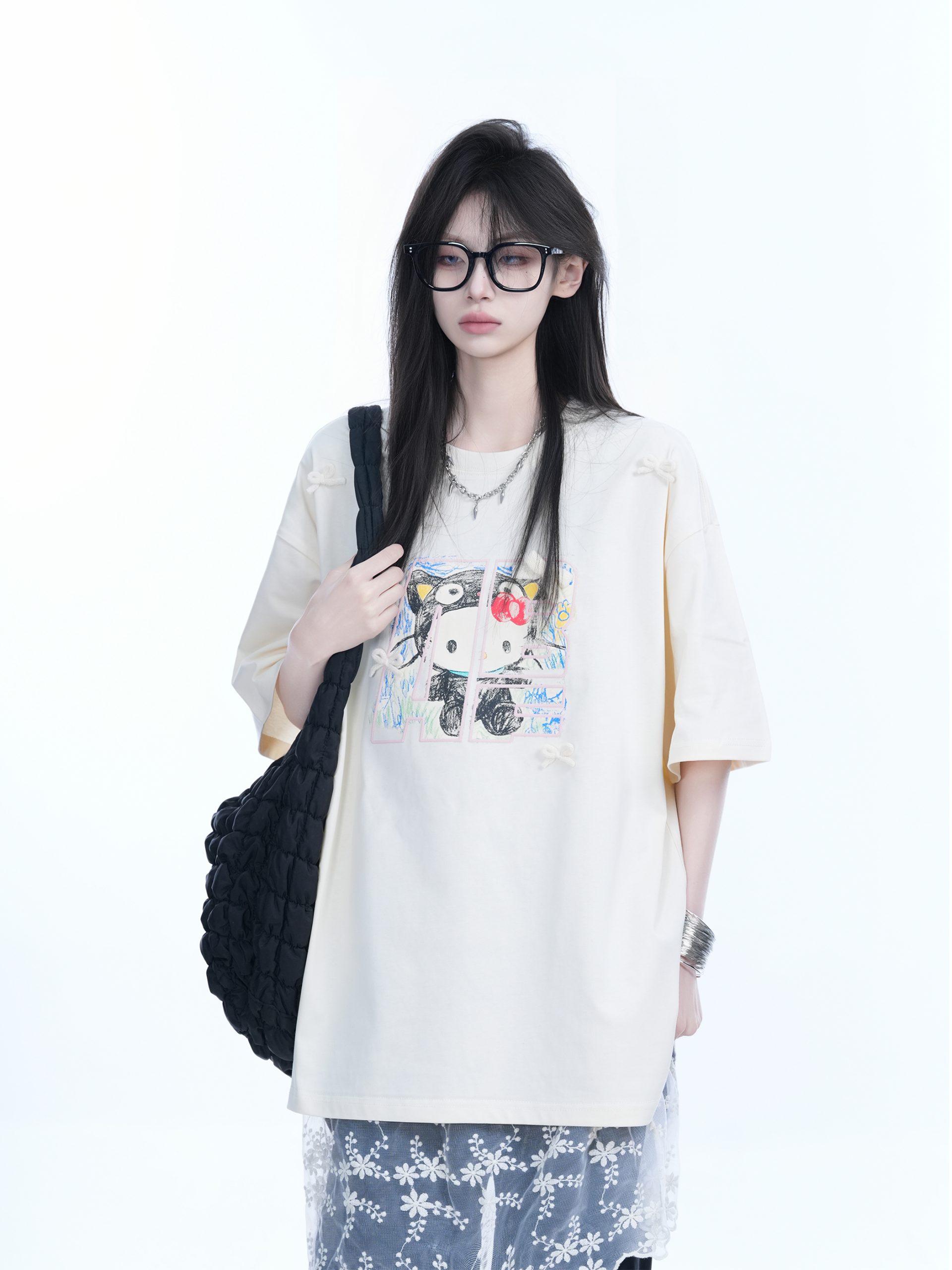 American Retro Style Black Short-Sleeve T-Shirt for Women with Kitty Cat Graffiti, Loose Round Neck, Y2K Vibe, Casual Fashion Top American Retro Style Black Short-Sleeve T-Shirt for Women with Kitty Cat Graffiti, Loose Round Neck, Y2K Vibe, Casual Fashion Top