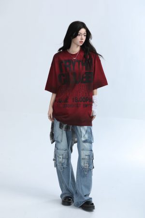 American Retro Tie-Dye Red Short Sleeve T-Shirt for Women - Heavy-Duty Loose Fit Summer Tee with Mountain Graphic Design