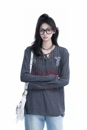 American Retro U-Neck Tie Long Sleeve T-Shirt for Women, Slightly Sheer Loose Fit, Vintage-Inspired Cover-Up Top