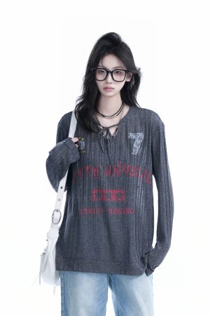 American Retro U-Neck Tie Long Sleeve T-Shirt for Women, Slightly Sheer Loose Fit, Vintage-Inspired Cover-Up Top